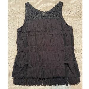 WHITE HOUSE BLACK MARKET Black Fringe Tank with Lace Detailing